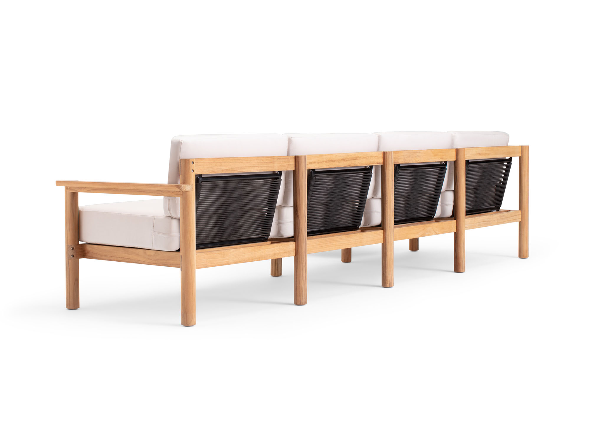 Back angle view of 5-piece outdoor sectional with white cushions